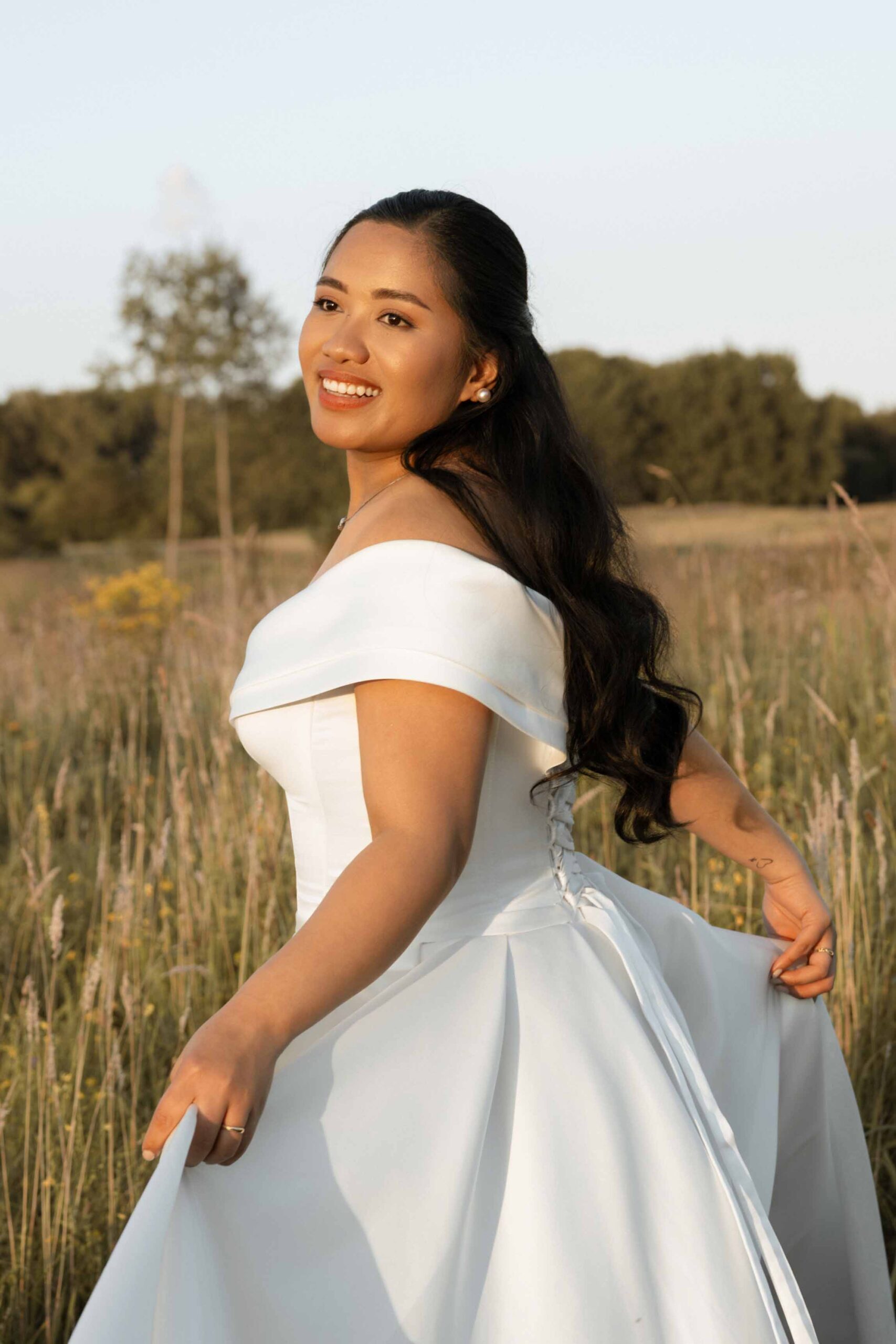 bride golden hour photoshoot in grain field nature
