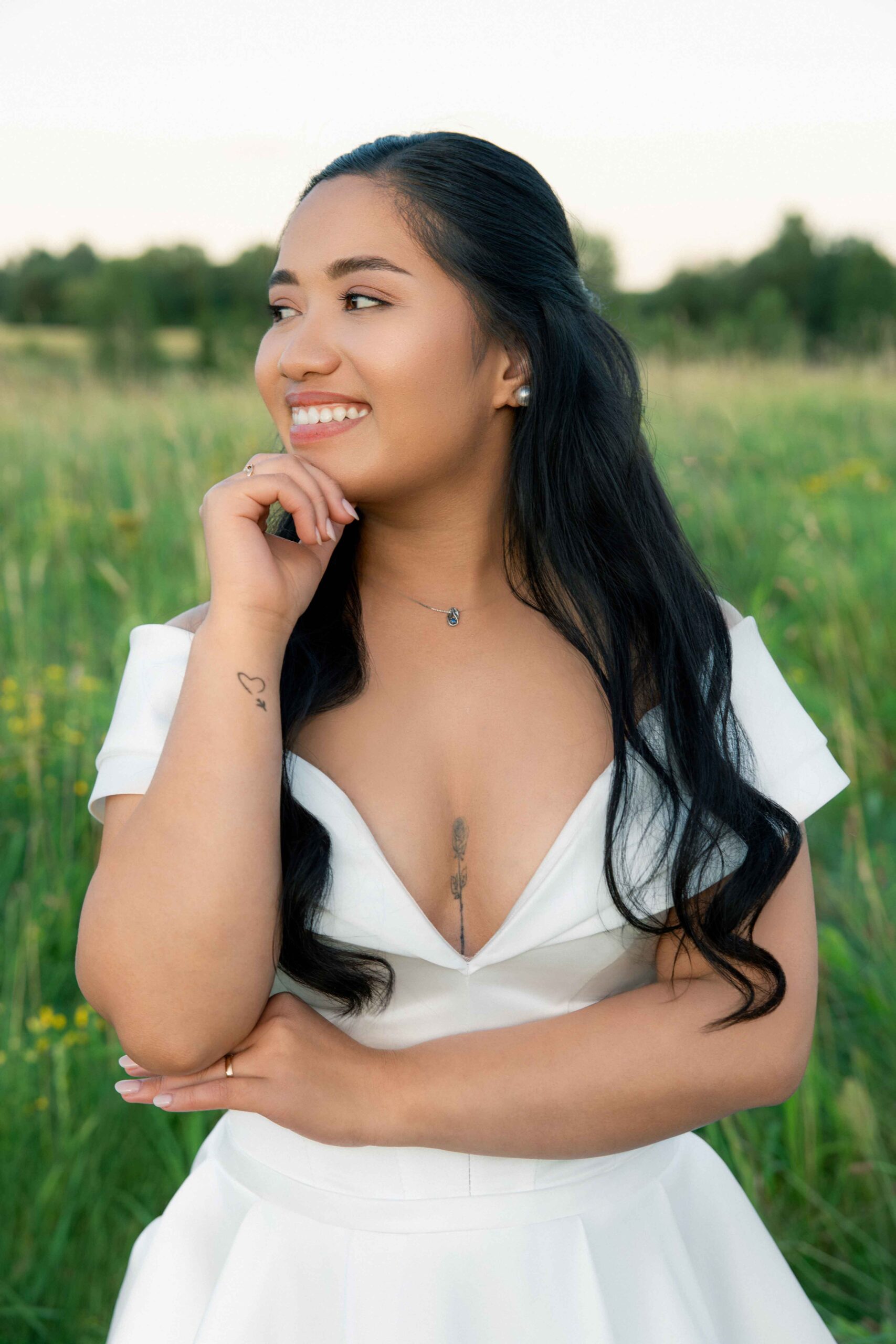 bride protrait in nature national park lush greenery fields
