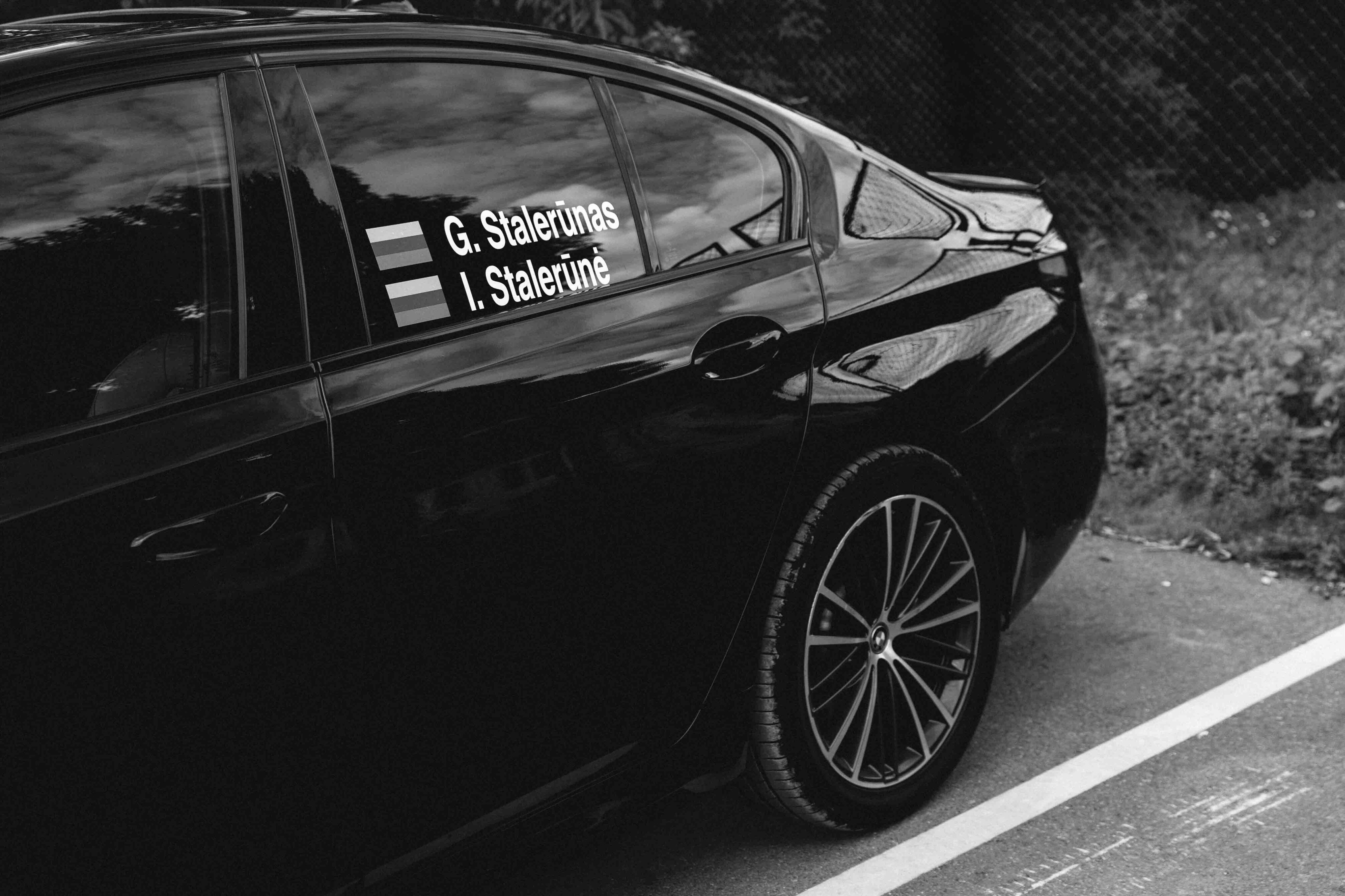 couple surnames on car wedding day bmw