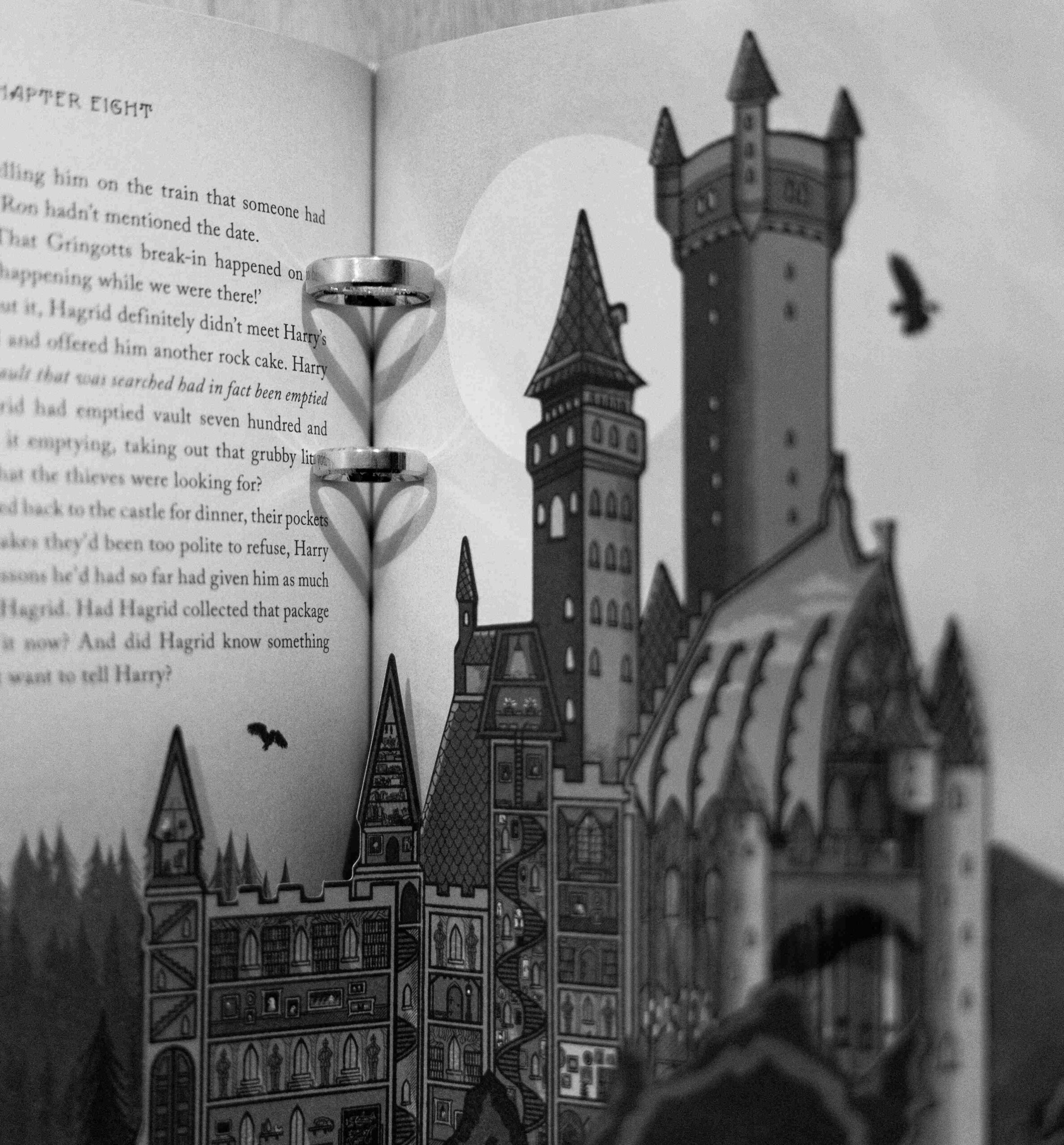 harry-potter-book-wedding rings art photo with shadows heart shape