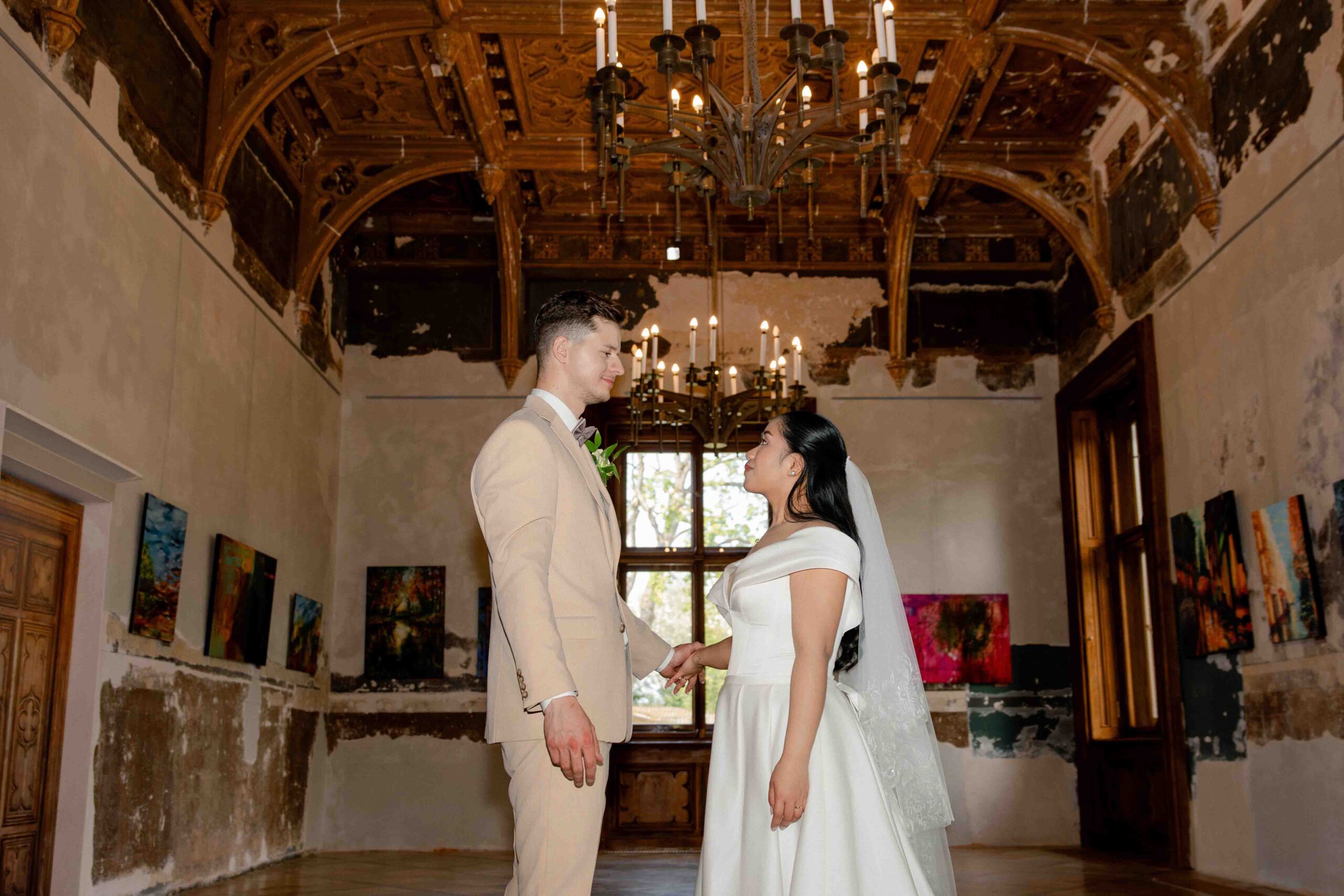 exploring historic site castle on wedding day