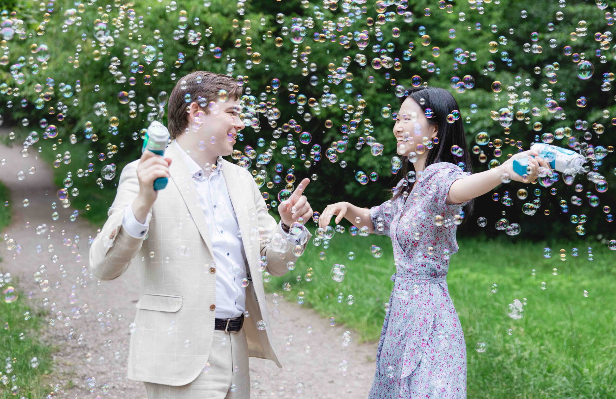 fun couple session with bubbles gun