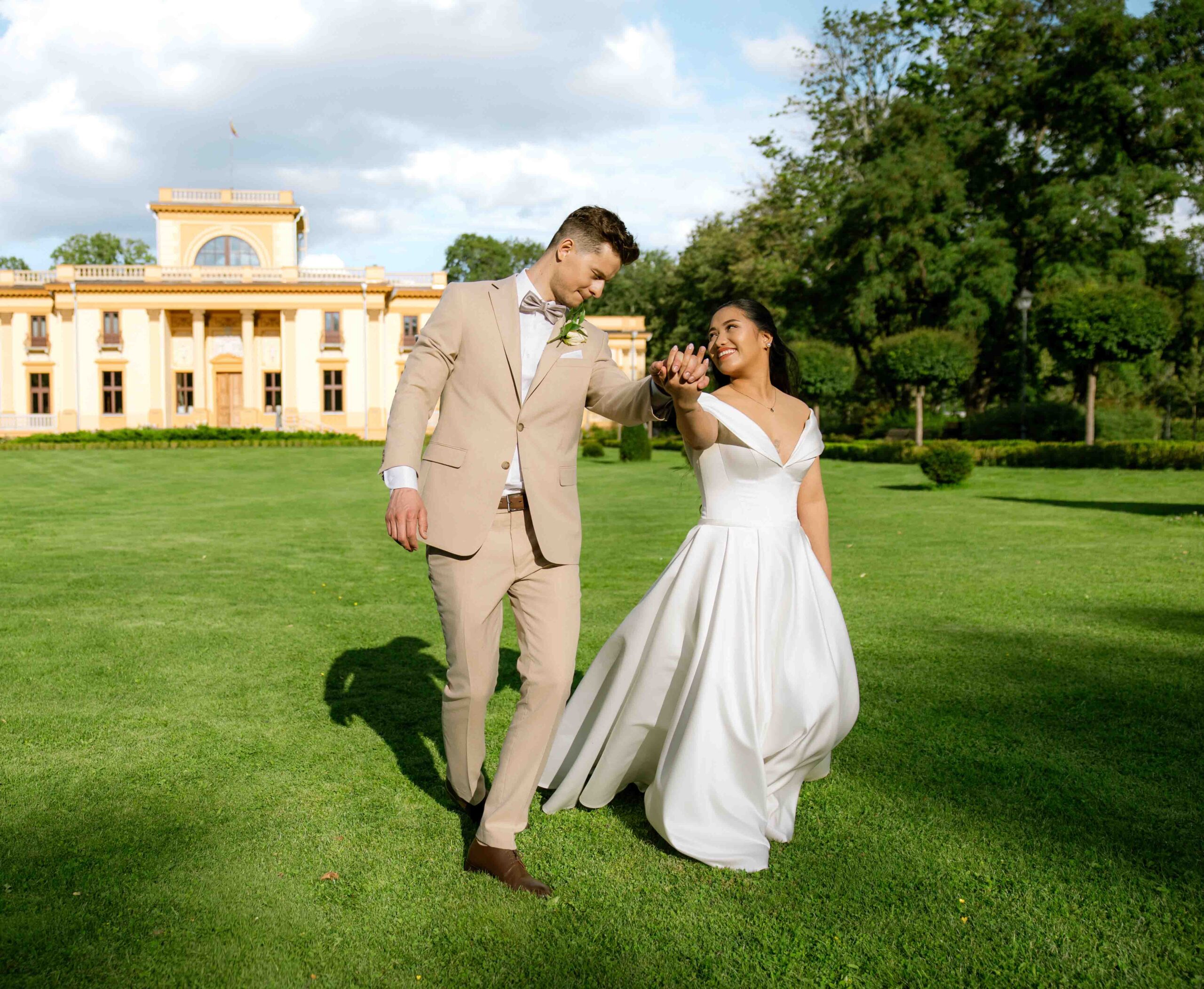 share gelato on wedding day in park couple