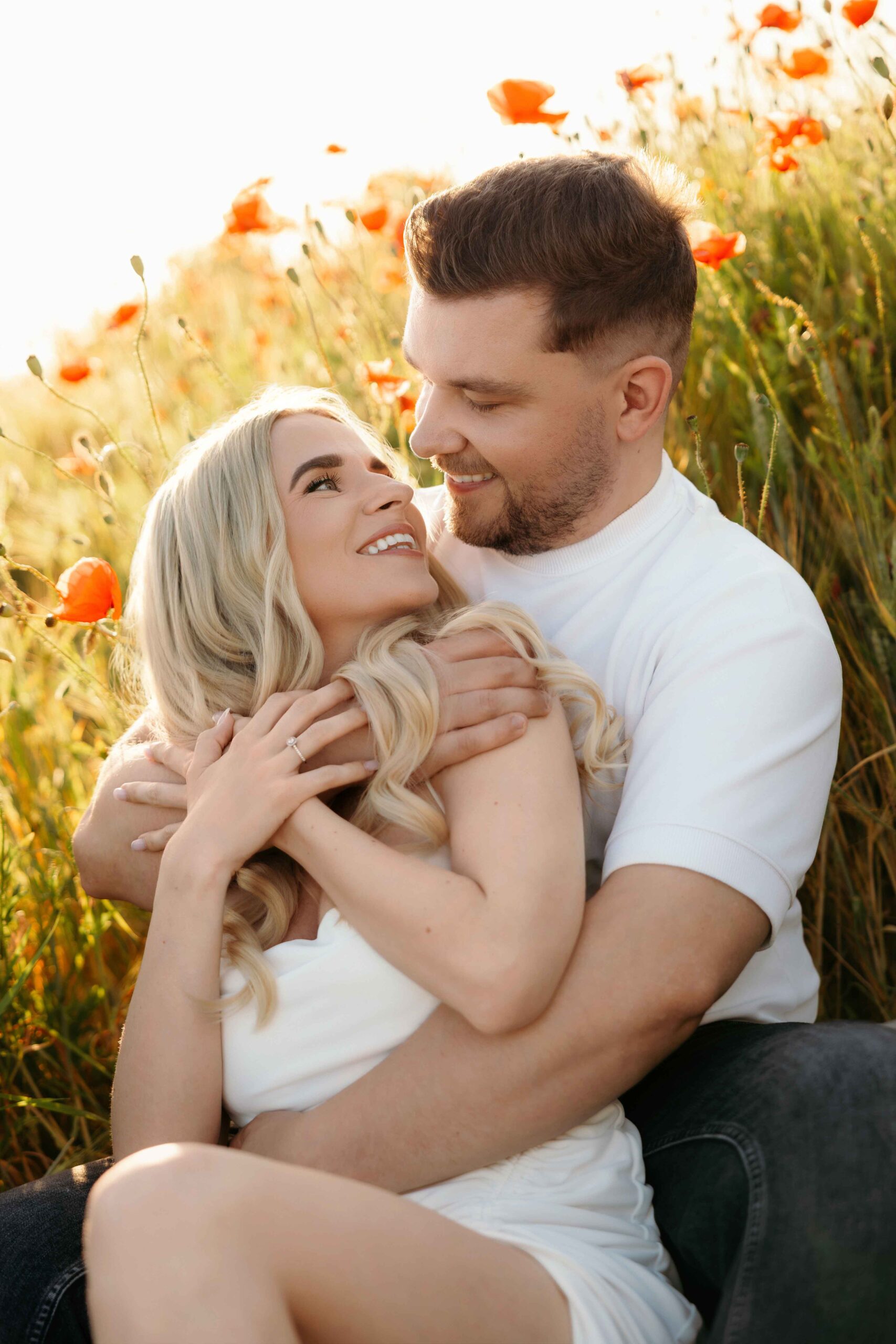 poppy field engagement session golden hour