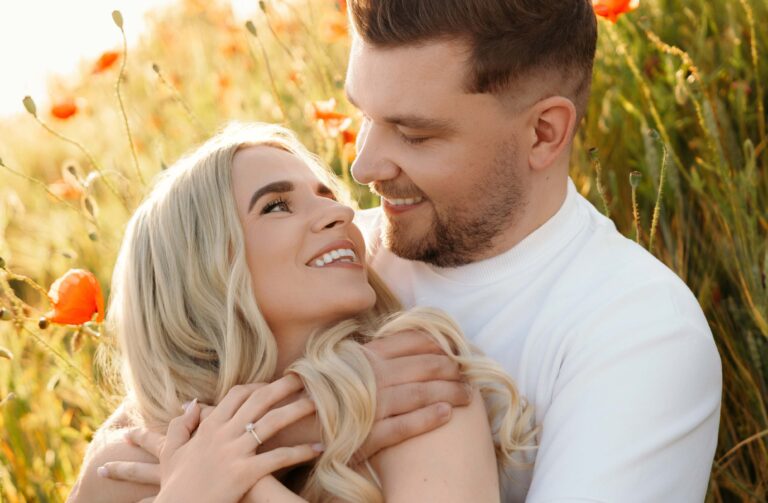 poppy field engagement during golden hour