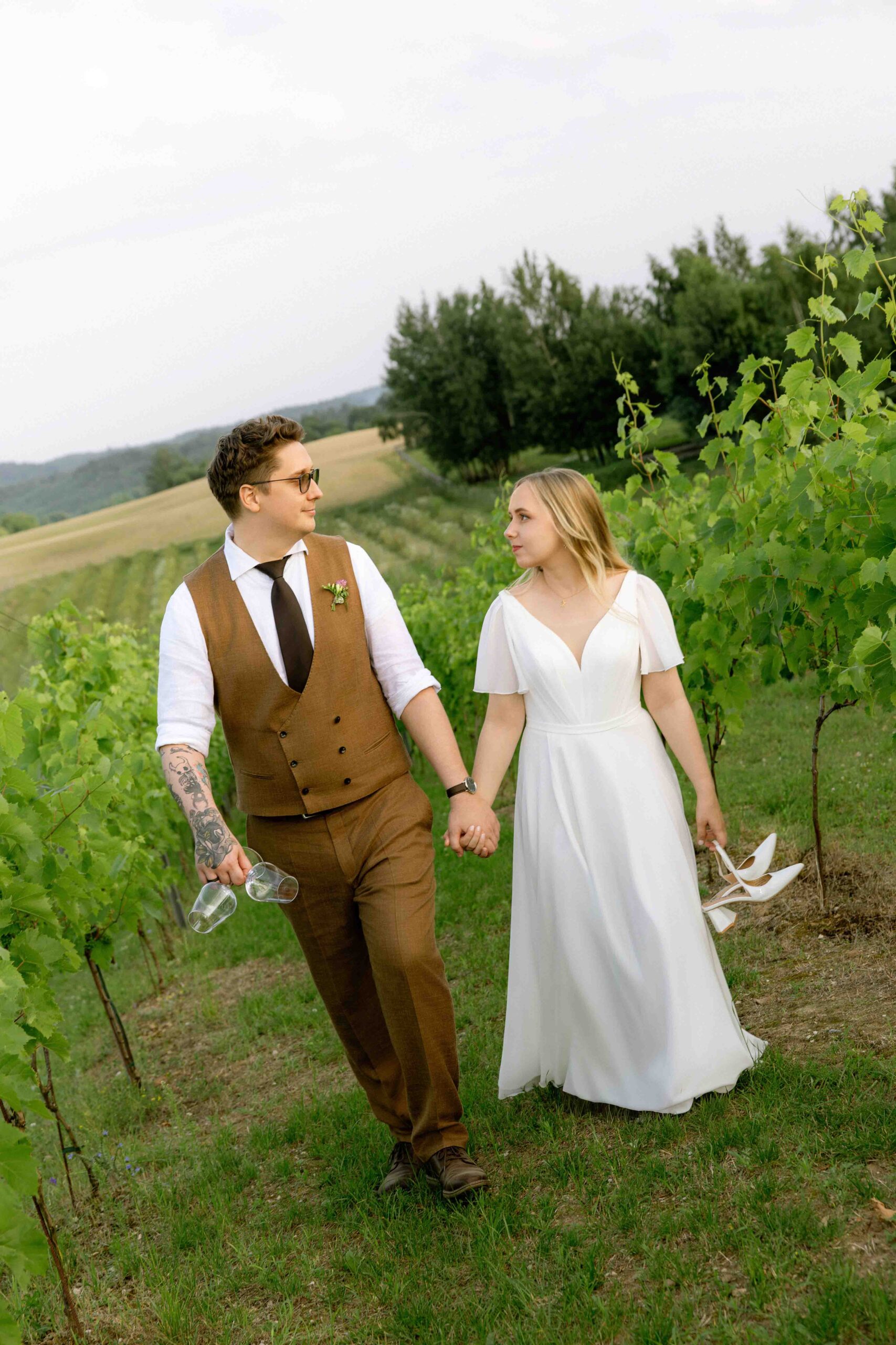 intimate vineyard wedding couple barefoot vines
