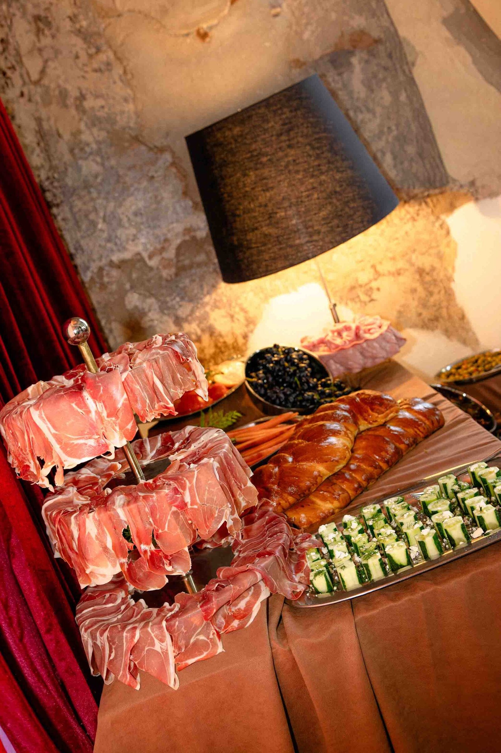 wedding catering table prosciutto tower